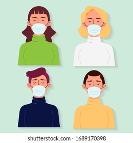 People in protective medical face masks. Men and women wearing protection from virus, urban air pollution, smog, vapor, pollutant gas emission. Vector illustration