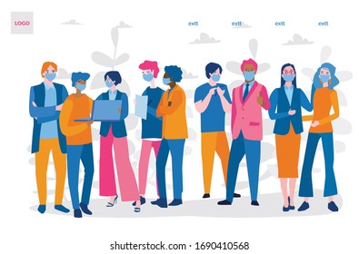 People in protective medical face masks. Vector illustration for web banner, infographics, mobile. Men and women wearing protection from virus, smog, pollutant gas emission
, urban air pollution.