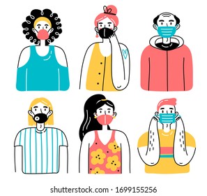 People in protective medical face masks. Illustration of men and women, male and female wearing medical masks protecting themselves from the virus, urban air pollution, contaminated air.