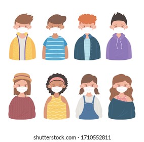 people with protective medical face masks, prevention coronavirus outbreak disease covid 19 vector illustration