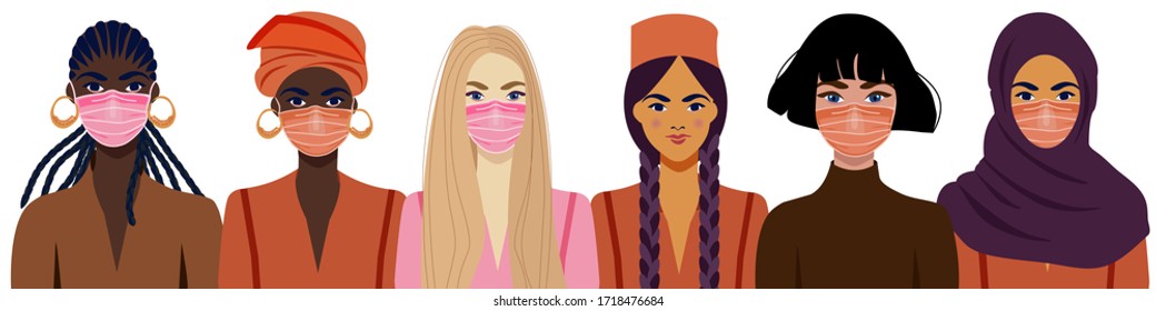 People in protective medical face masks. Coronavirus COVID-19, women wearing protection from virus, urban air pollution, smog, vapor, pollutant gas emission. Vector illustration.