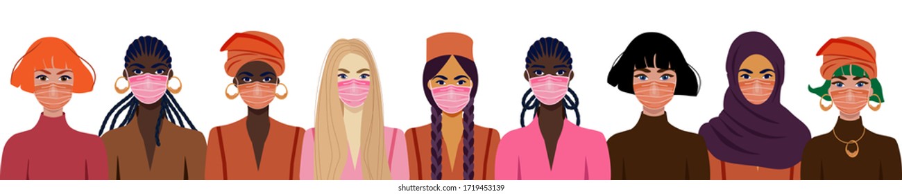 People In Protective Medical Face Masks. Coronavirus COVID-19, Women Wearing Protection From Virus, Urban Air Pollution, Smog, Vapor, Pollutant Gas Emission. Vector Illustration.