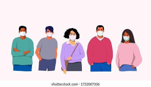  People in protective medical face masks. Men and women wearing protection from virus, urban air pollution, smog, vapor, po