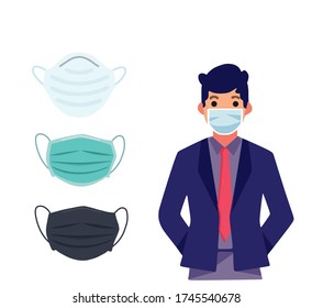 People in protective medical face masks. Men and women wearing protection from virus, urban air pollution, smog, vapor, pollutant gas emission. Vector illustration.