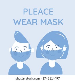 People in protective medical face masks. Men and women wearing protection from virus, urban air pollution, smog, vapor, pollutant gas emission. Vector illustration.