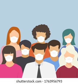 People in protective medical face masks. Men and women wearing protection from virus, urban air pollution, smog, vapor, pollutant gas emission. Vector illustration.
