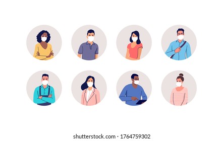 People in protective medical face masks. Men and women wearing protection from virus, urban air pollution, smog, vapor, pollutant gas emission. Vector illustration.