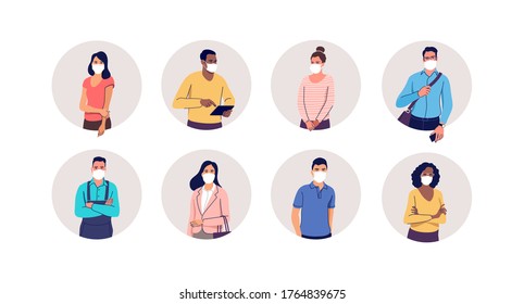 People in protective medical face masks. Men and women wearing protection from virus, urban air pollution, smog, vapor, pollutant gas emission. Vector illustration.