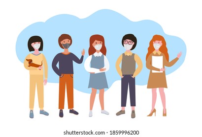 People in protective medical face masks. Men and women wearing protection from virus. Happy girl waving hand ot friend. Vector illustration in a flat style