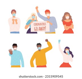 People in Protective Medical Face Masks Holding Poster Protesting against Spread of Coronavirus Vector Set