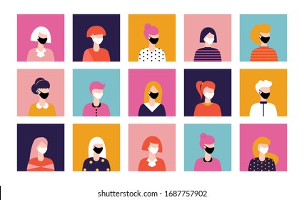 People in protective medical mask. Flat banner of women in protection from virus, air pollution, smog. Coronavirus quarantine concept. Vector illustration