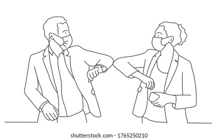 People in protective medical mask his face greet their elbows  Elbow bump is new greeting to avoid the spread coronavirus  Line drawing vector illustration 