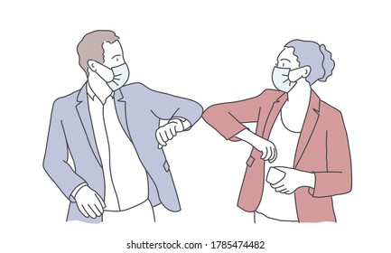 People In Protective Medical Mask On His Face Greet Their Elbows. Elbow Bump Is New Greeting To Avoid The Spread Of Coronavirus. Hand Drawn Vector Illustration.