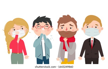 People in a protective medical masks and people with symptoms of the virus. Vector set with men and woman. Vector illustration. Isolated