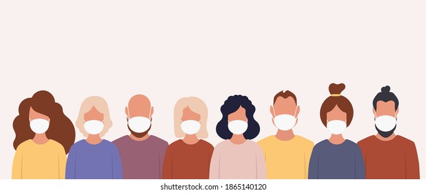 People in protective medical masks. Wearing a face mask. Protection against viruses, bacteria, smog, gas emissions and urban air pollution. Vector.
