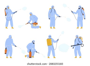 People protective overalls disinfectant spraying poison from pests set vector flat illustration. Collection medical workers wearing masks and hazmat suits sprinkling from coronavirus covid 19 isolated