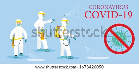 People in Protective Suit or Clothing, Spray to Cleaning and Disinfect Virus, Covid-19, Coronavirus Disease, Preventive Measures Foto stock © 