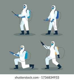 people with protective suit or spraying viruses of covid 19, desinfection virus concept