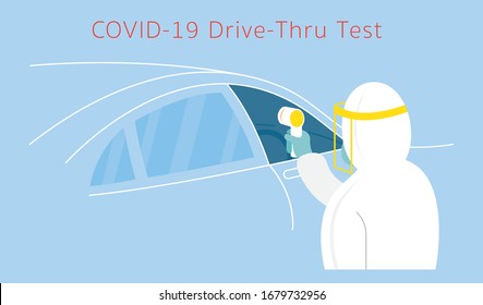 People In Protective Suit Use Thermoscan To Check Covid-19, Coronavirus, Drive Thru Test