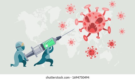 People in protective suit are using the syringe to fighting with virus, cleaning and disinfect Covid-19, cartoon style