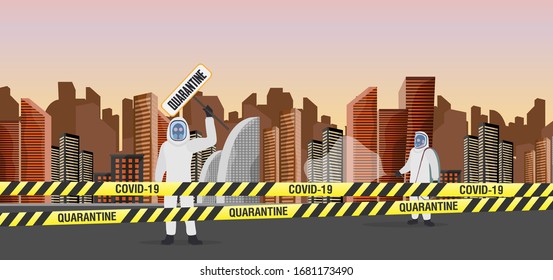 People in protective suits from the virus. The city is in quarantine. Coronavirus in the city. Yellow ribbons with black stripes. Vector illustration