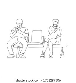 People in protective surgical mask sitting, looking at the smartphone, at the waiting room while doing social distancing to prevent virus spreading. Continuous single line illustration drawing vector