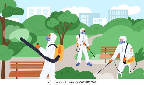 People in protective uniforms disinfect park. Exterminate pests. Poisons spraying against insects in city. Professional disinfection. Pesticide sprayer equipment. Garish