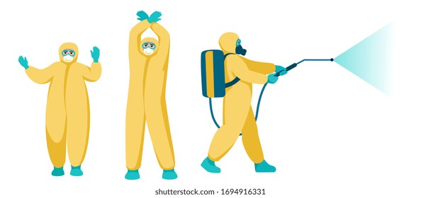 People in protective yellow suits carry out disinfection, a man go and sprays a disinfectant solution, a woman and man show stop signs with their hands