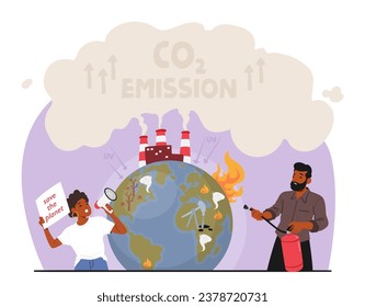 La gente protesta contra los cambios climáticos. Su Voz Unificada Pide Un Futuro Sostenible, Instando A Los Líderes A Combatir Las Crisis Ambientales Y Reducir Las Emisiones De Carbono Ahora. Ilustración del vector de dibujos animados