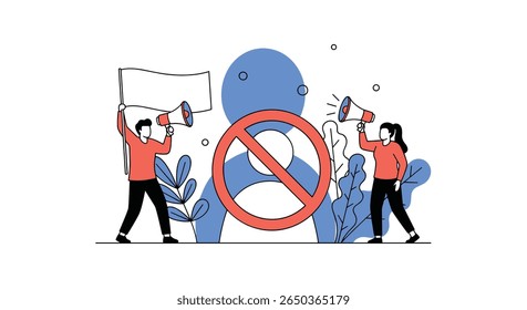 People protest against oppression with signs and megaphones showing disapproval through a prohibition symbol