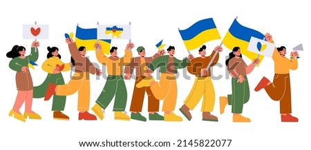 People protest against war in Ukraine on demonstration. Vector flat illustration of crowd of activists with Ukrainian flags and megaphone on demonstration for peace and freedom