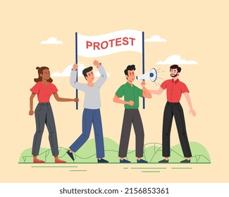 People protest concept. Men and girls with megaphones and signs came to rally. Responsible society defends its rights, activists, dissatisfied crowd, demonstration. Cartoon flat vector illustration