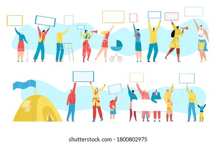 People protest crowd, demonstration, public strike, protesting march with empty banners for your text, set of vector illustrations. Revolution, protesters groups, economic crisis.