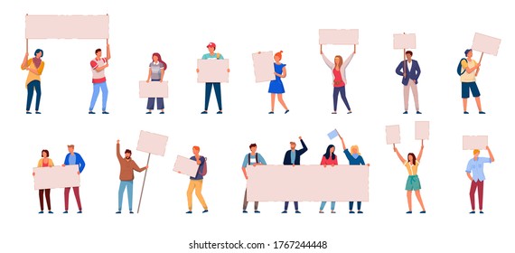 People protest. Crowd of protest people holding clean banner, placard set isolated on white background. Man and woman protester or activist group taking part in political meeting vector illustration