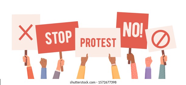 People protest. Hands holding posters. People with posters protest. Collection of hands holding empty signs. Vector illustration