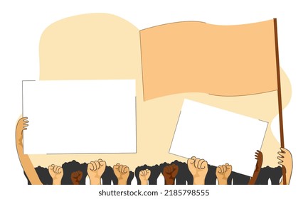 Die Leute protestieren. Hände, die Plakate halten. Menschen mit Plakaten protestieren. Sammlung von Händen, die leere Banner halten