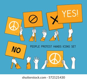 people protest hands set with banners. isolated vector illustration icons