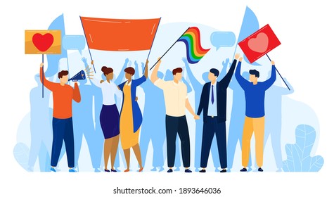 People protest, LGBT pride activism concept vector illustration. Cartoon flat activist protester group characters protesting with multicolored symbol of LGBT community, rainbow flag isolated on white