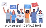 People protest. Multi-ethnic people holding posters calling to vote in election day