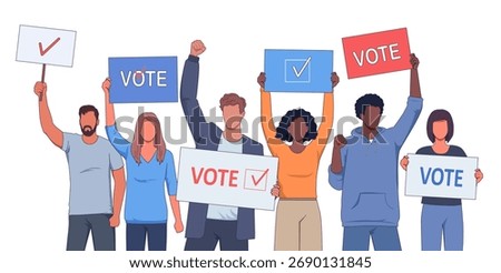 People protest. Multi-ethnic people holding posters calling to vote in election day