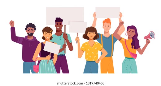 People with protest placards and banners, holding signs in hands, vector flat cartoon. Angry protesters and activists on strike demonstration or manifestation with blank banner placards and megaphone