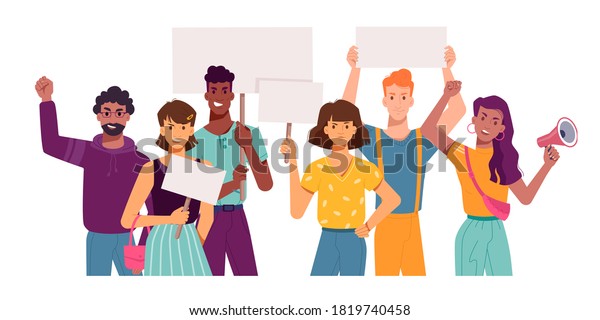 People with protest placards and banners,\
holding signs in hands, vector flat cartoon. Angry protesters and\
activists on strike demonstration or manifestation with blank\
banner placards and\
megaphone