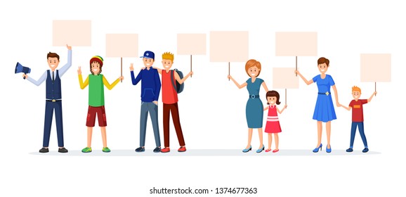 People with protest placards flat illustrations. Teenagers, mothers with kids rastaman holding empty banners, posters isolated characters. Demonstration, meeting, protest action vector cliparts set