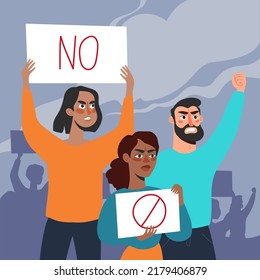 People at the protest. Protesting activists with posters and loudspeakers vector flat illustration