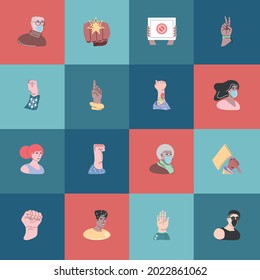 people protest, raised hands icon set