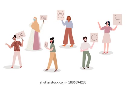 people protest set collection hold poster demonstration with flat cartoon style vector design illustration