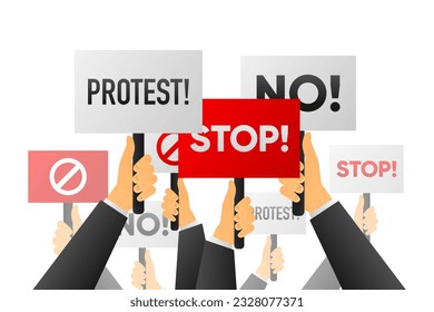 People protest. Unemployed people holding protest signs. People with posters protest. Vector illustration.