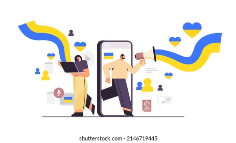 people protesters using digital gadgets pray for Ukraine peace save Ukraine from russia stop war social media promotion concept full length horizontal vector illustration