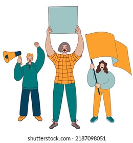People protesting. Activists with placard, flag and loudspeaker at riot. Protesters at demonstration. Activism concept. Flat vector illustration isolated on white background