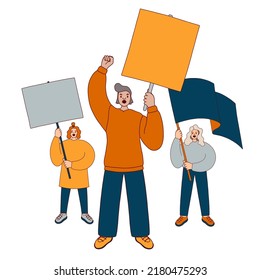 People protesting. Activists with placards and flag at riot. Protesters at demonstration. Activism concept. Flat vector illustration isolated on white background